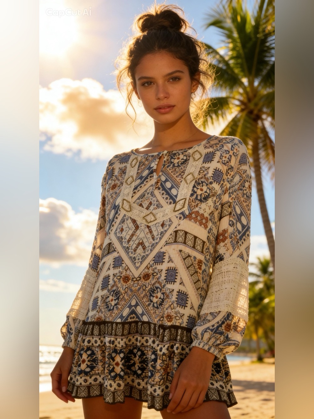 Kim Rogers Boho Geometric Print Tunic Dress Crochet Lace Beaded Medium
